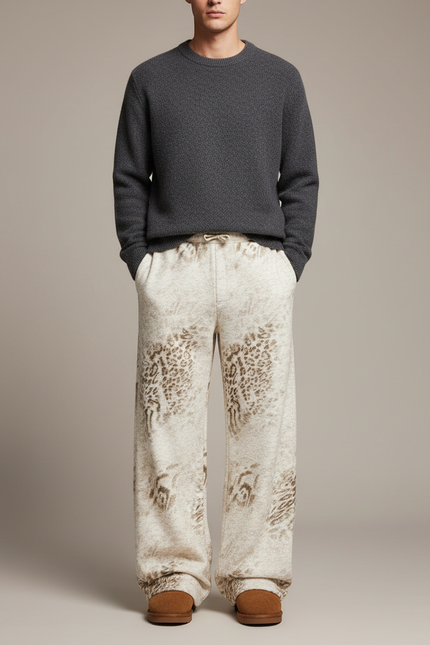 Pantalon Léopard Homme Ample Molleton Imprimé Crème