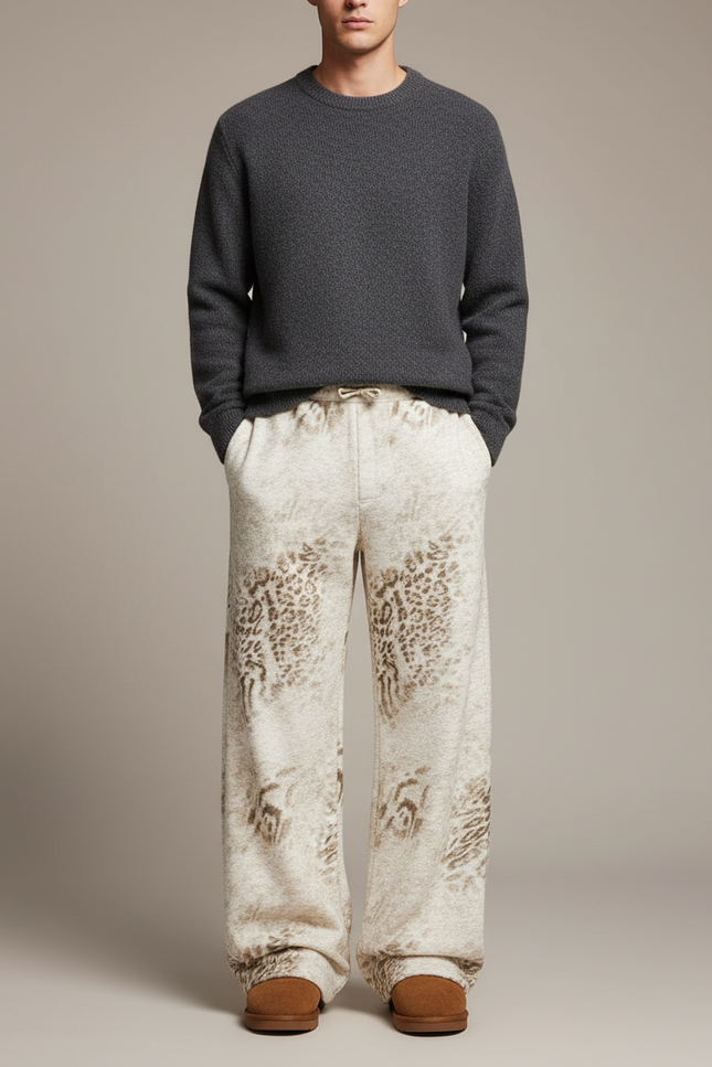 Pantalon Léopard Homme Ample Molleton Imprimé Crème