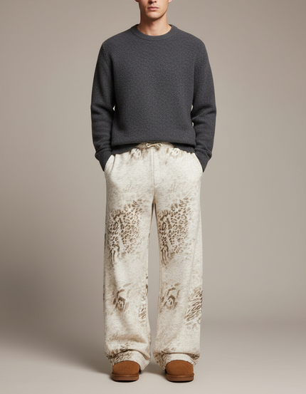 Pantalon Léopard Homme Ample Molleton Imprimé Crème