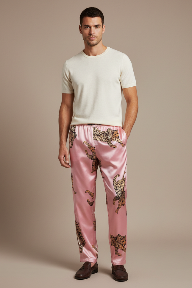 Pantalon Léopard Rose Satiné Fluide Homme Élégant