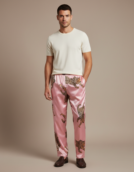 Pantalon Léopard Rose Satiné Fluide Homme Élégant