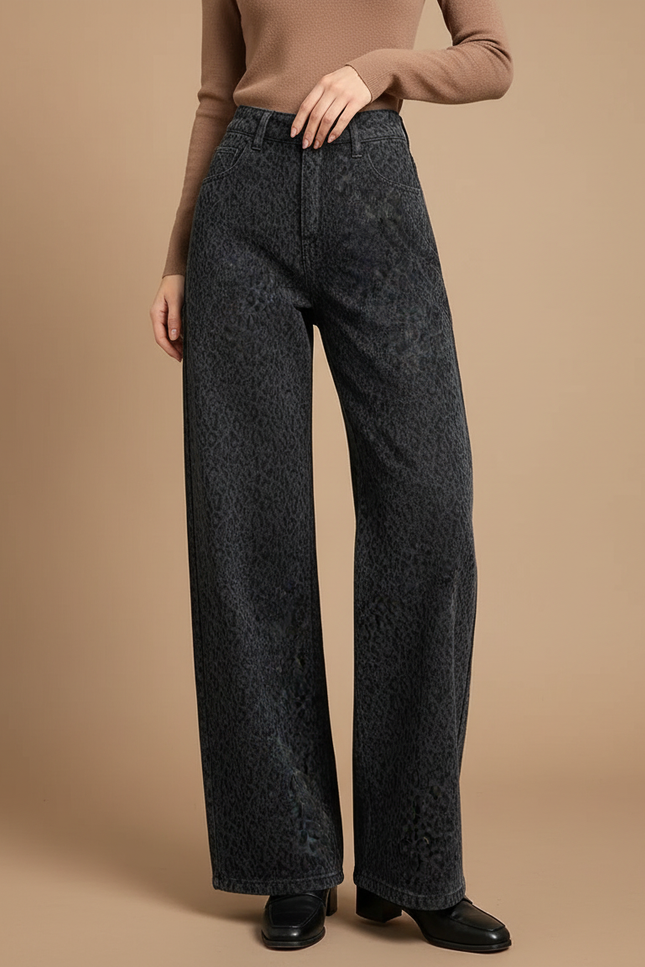Pantalon Léopard Denim Ample Imprimé Gris Femme - Jean