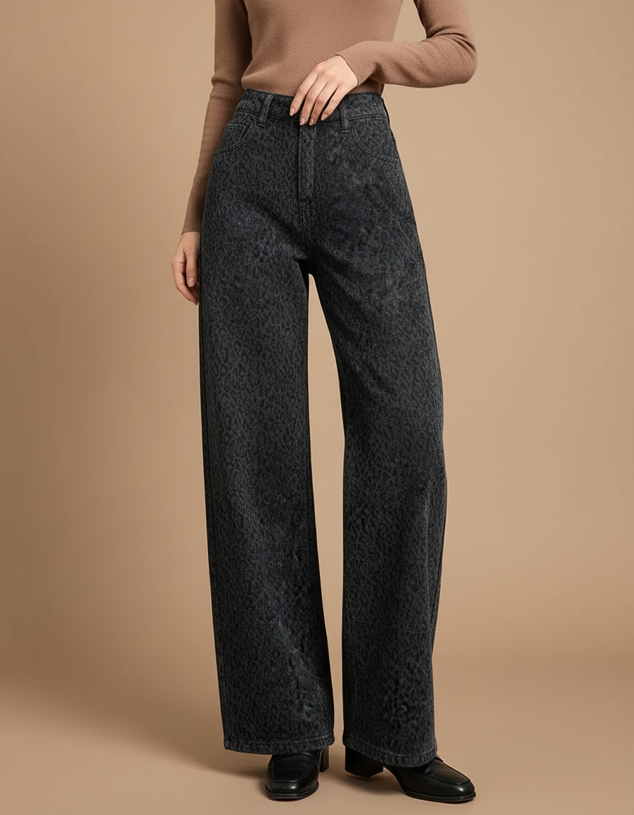 Pantalon Léopard Denim Ample Imprimé Gris Femme - Jean