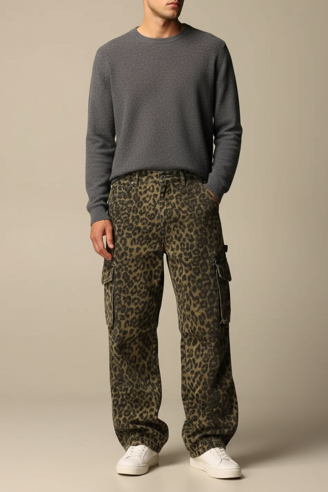 Pantalon Léopard Cargo Ample Imprimé Streetwear Homme - Toile