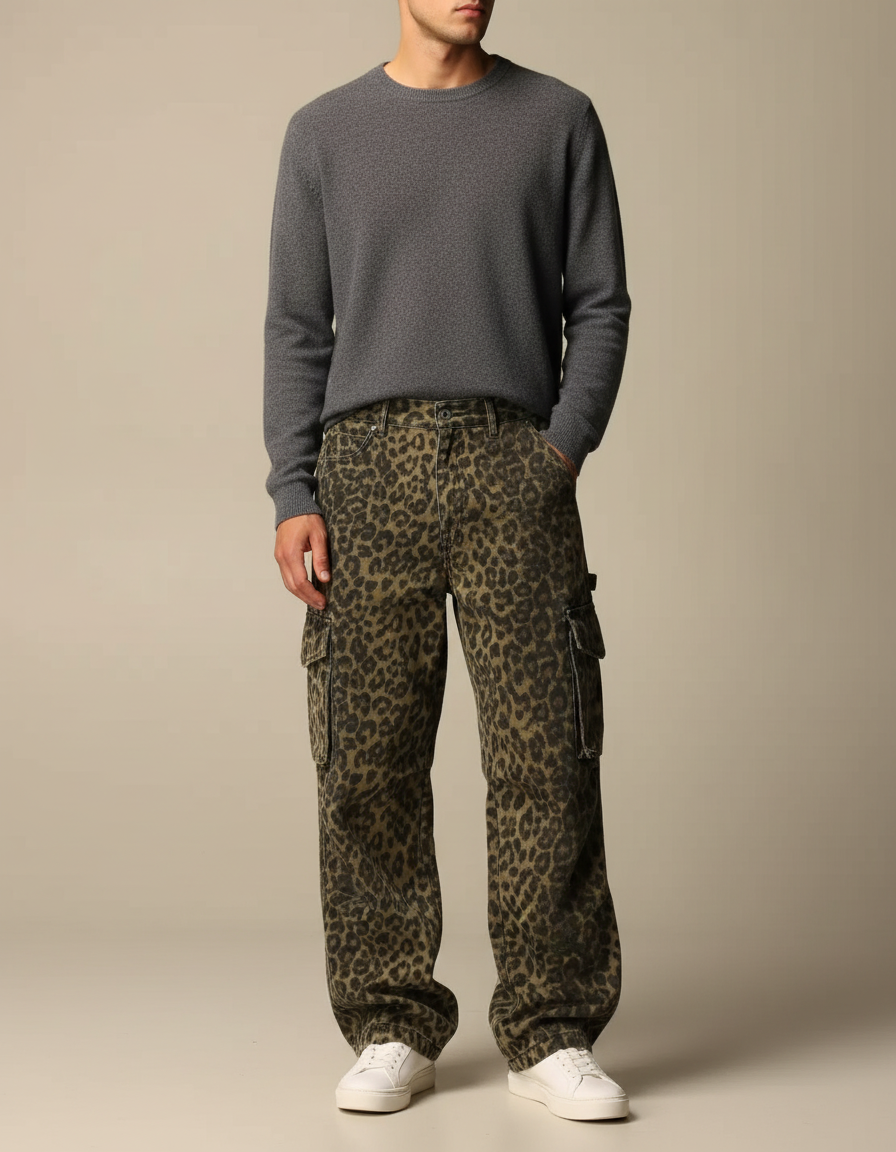 Pantalon Léopard Cargo Ample Imprimé Streetwear Homme - Toile