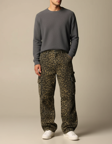 Pantalon Léopard Cargo Ample Imprimé Streetwear Homme - Toile
