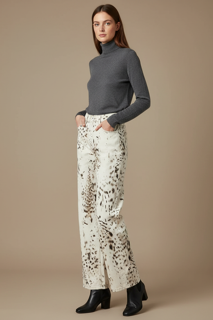 Pantalon Léopard Blanc Imprimé Large Vintage Denim - Jean