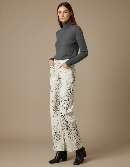 Pantalon Léopard Blanc Imprimé Large Vintage Denim - Jean