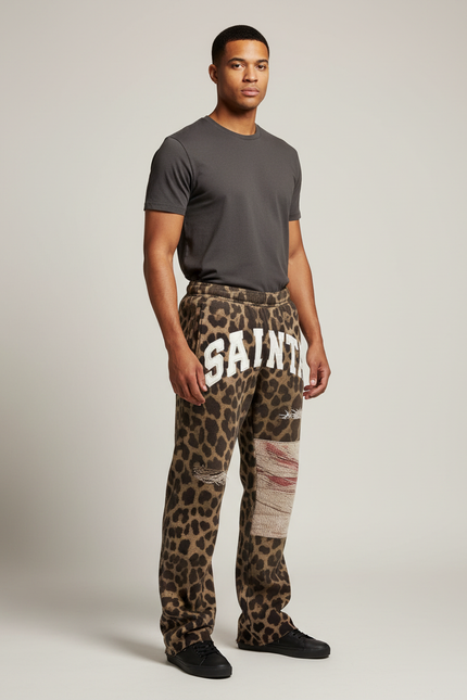 Pantalon Léopard Homme Imprimé Baggy Détails Ripped Patchwork - Molleton