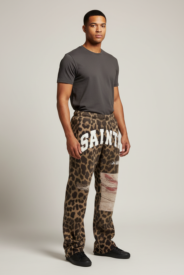 Pantalon Léopard Homme Imprimé Baggy Détails Ripped Patchwork - Molleton