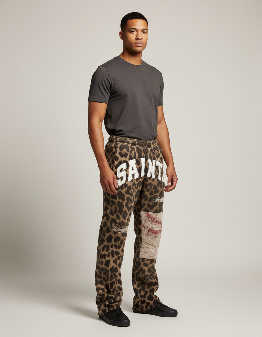 Pantalon Léopard Homme Imprimé Baggy Détails Ripped Patchwork - Molleton