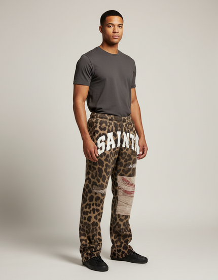 Pantalon Léopard Homme Imprimé Baggy Détails Ripped Patchwork - Molleton