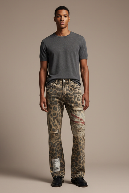 Pantalon Léopard Distressed Ripped Denim Streetwear Homme - Imprimé Jean