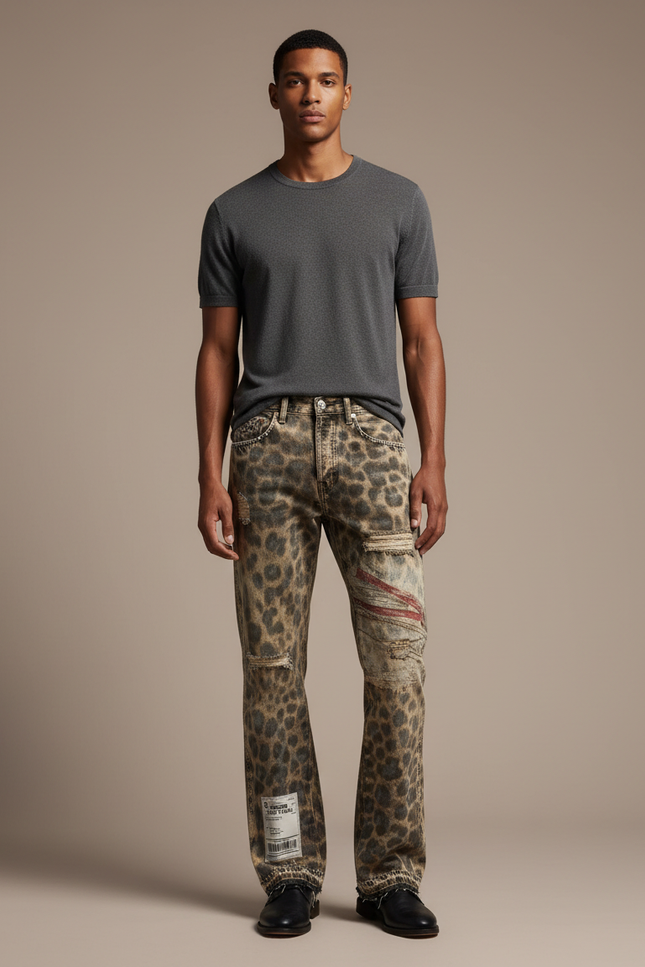 Pantalon Léopard Distressed Ripped Denim Streetwear Homme - Imprimé Jean