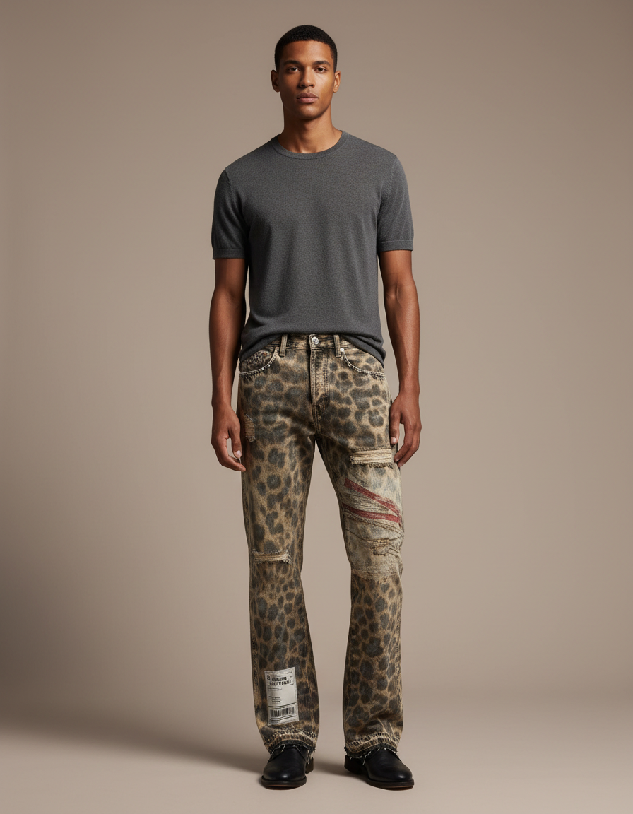 Pantalon Léopard Distressed Ripped Denim Streetwear Homme - Imprimé Jean
