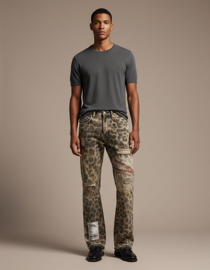 Pantalon Léopard Distressed Ripped Denim Streetwear Homme - Imprimé Jean