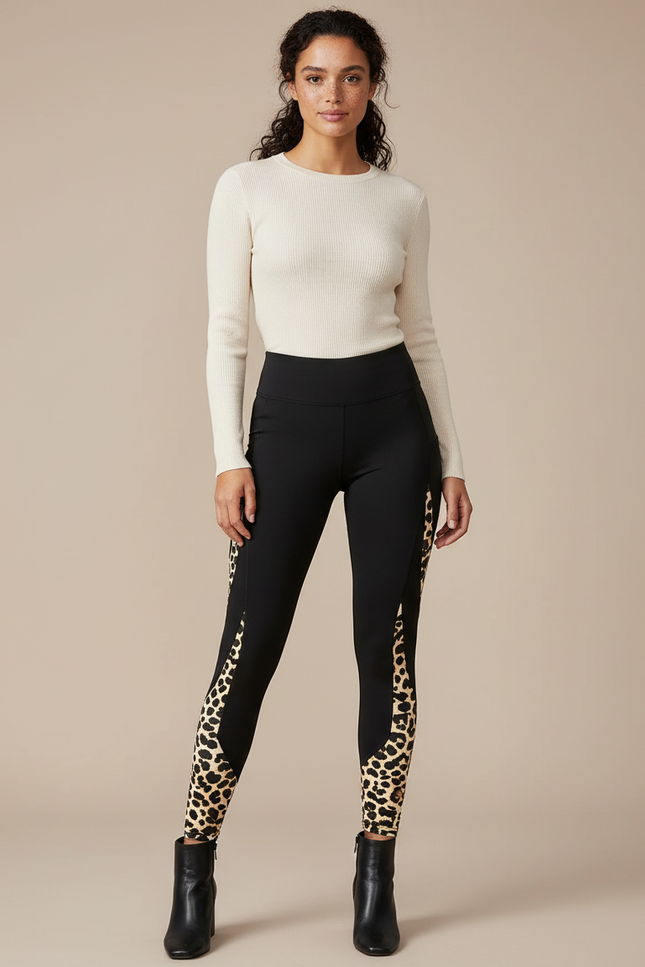 Pantalon Léopard Noir Imprimé Animal Sport Moulant Femme - Polyester