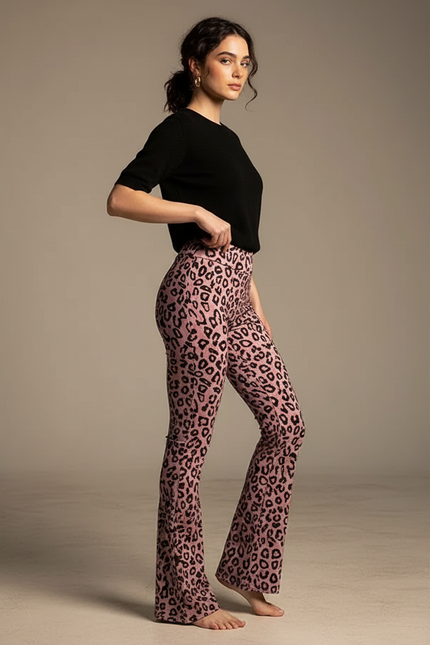 Pantalon Léopard Rose Évasé Imprimé Animal Moulant Femme - Maille
