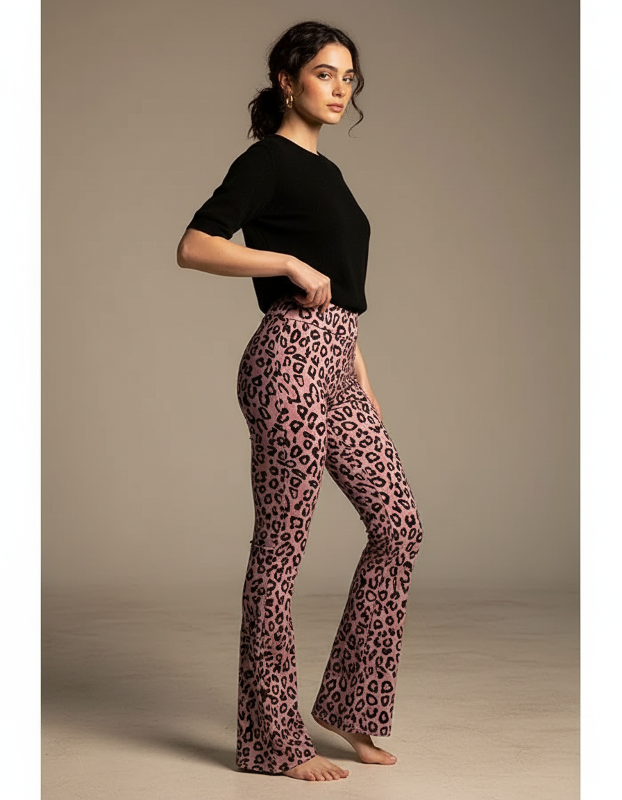 Pantalon Léopard Rose Évasé Imprimé Animal Moulant Femme - Maille