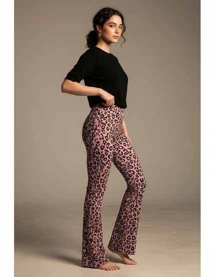 Pantalon Léopard Rose Évasé Imprimé Animal Moulant Femme - Maille
