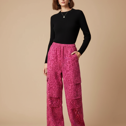 Pantalon Léopard Rose Ample Cargo Imprimé Décontracté - Coton