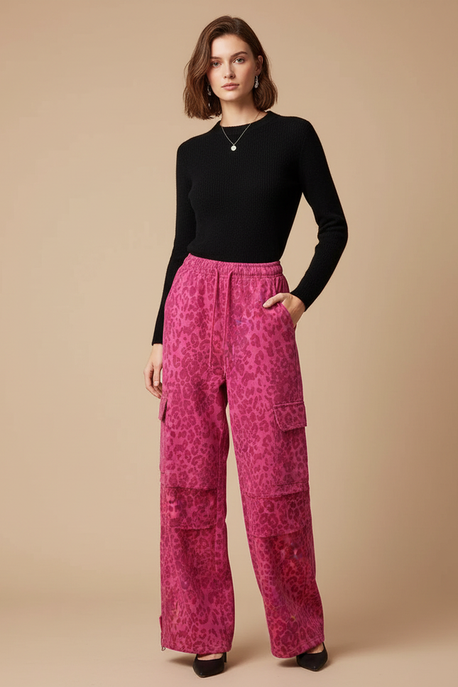 Pantalon Léopard Rose Ample Cargo Imprimé Décontracté - Coton