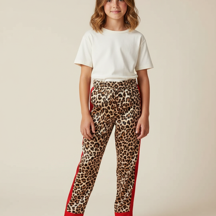 Pantalon Léopard Marron Imprimé Rouge Décontracté Enfant - Satin