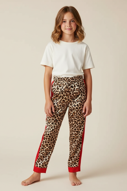 Pantalon Léopard Marron Imprimé Rouge Décontracté Enfant - Satin