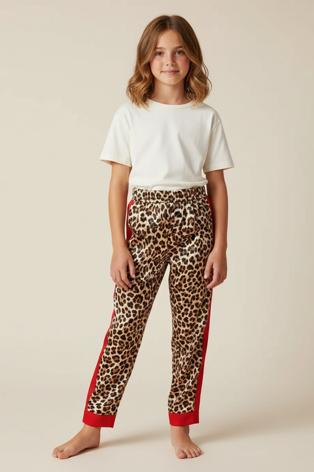 Pantalon Léopard Marron Imprimé Rouge Décontracté Enfant - Satin