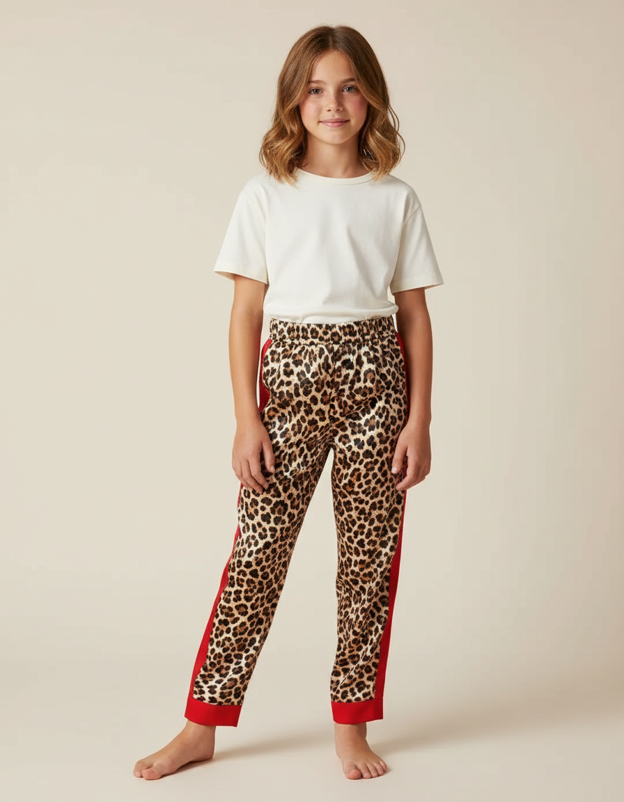 Pantalon Léopard Marron Imprimé Rouge Décontracté Enfant - Satin