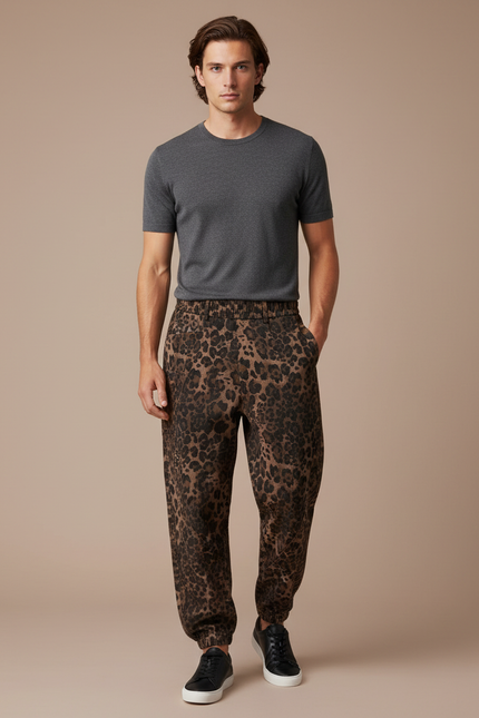 Pantalon Léopard Marron Ample Imprimé Streetwear Homme - Molleton