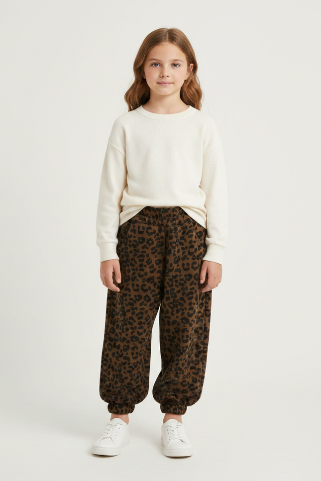 Pantalon Léopard Marron Ample Imprimé Molletonné Enfant