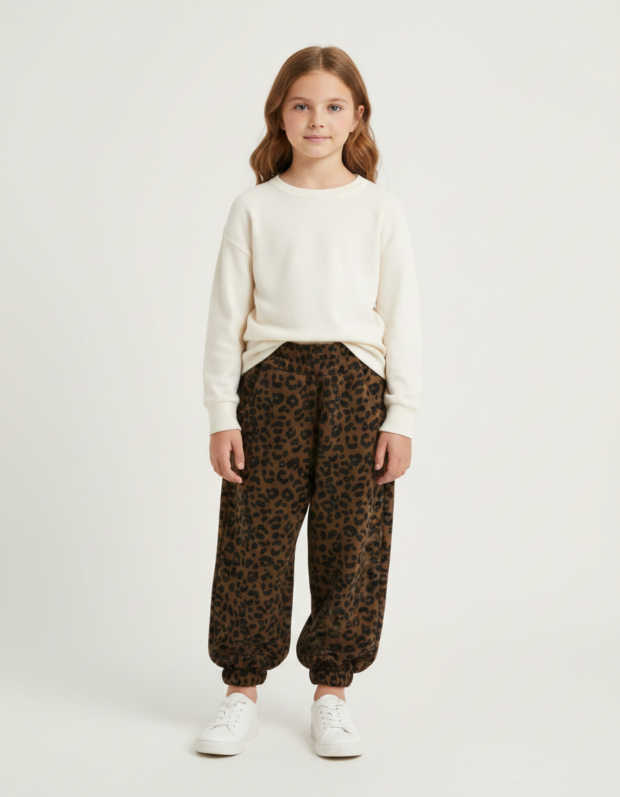 Pantalon Léopard Marron Ample Imprimé Molletonné Enfant