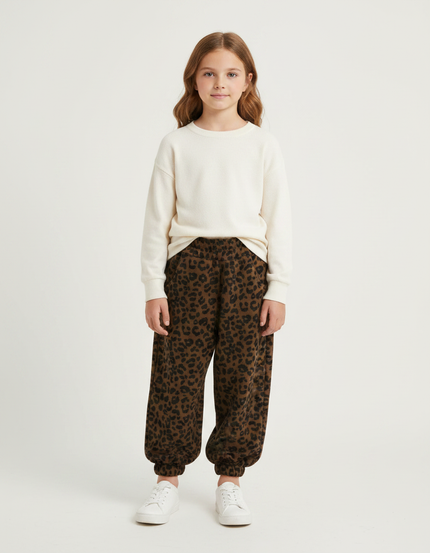 Pantalon Léopard Marron Ample Imprimé Molletonné Enfant