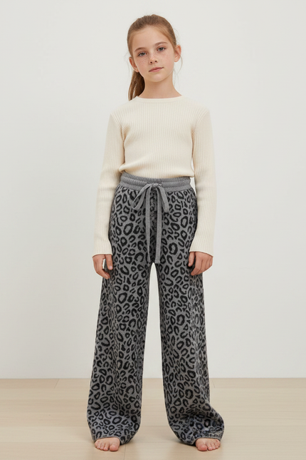 Pantalon Léopard Gris Tricoté Large Doux Confortable - Maille