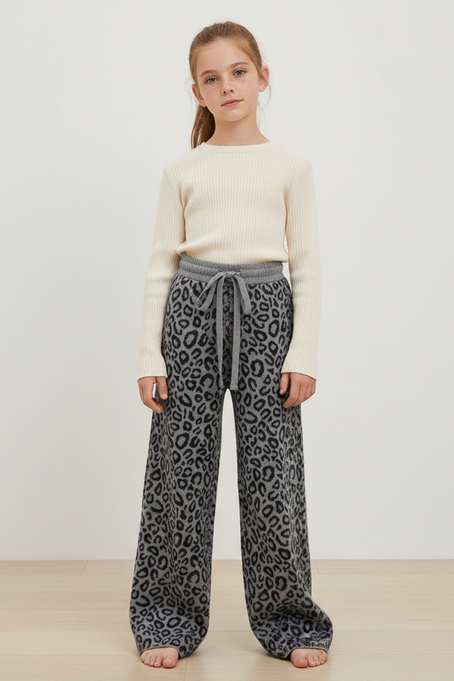 Pantalon Léopard Gris Tricoté Large Doux Confortable - Maille