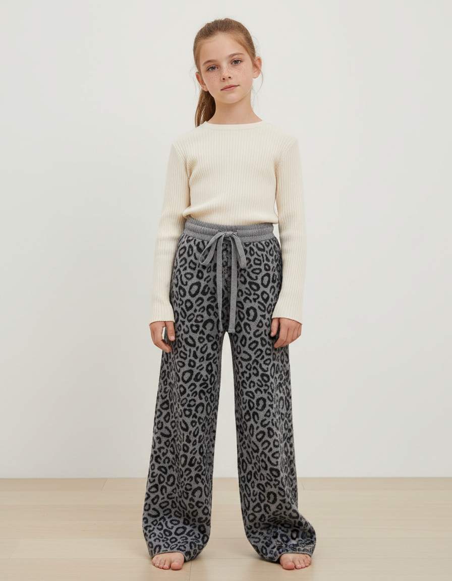 Pantalon Léopard Gris Tricoté Large Doux Confortable - Maille