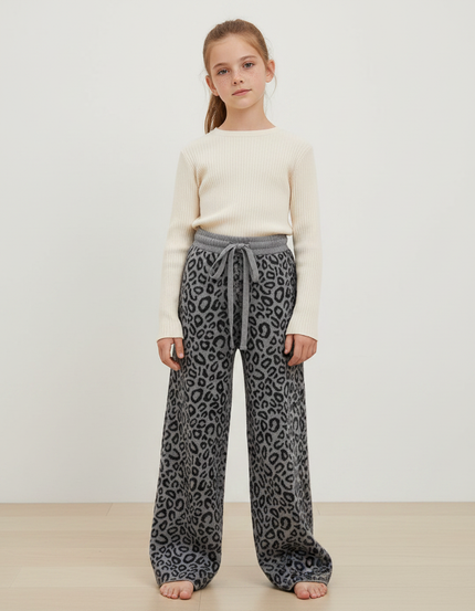 Pantalon Léopard Gris Tricoté Large Doux Confortable - Maille
