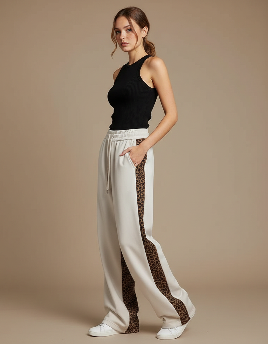 Pantalon Léopard Écru Large Rayure Latérale Décontracté - Beige Molleton