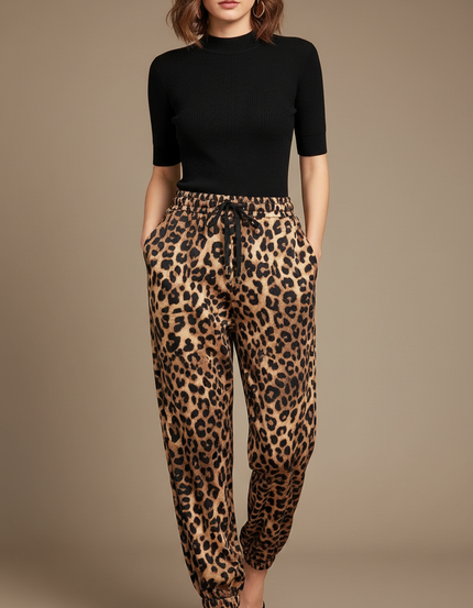 Pantalon Léopard Ample Imprimé Taille Haute Décontracté - Viscose