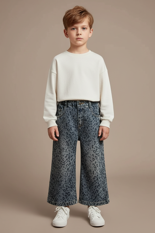 Pantalon Léopard Denim Ample Délavé Enfant - Imprimé Jean