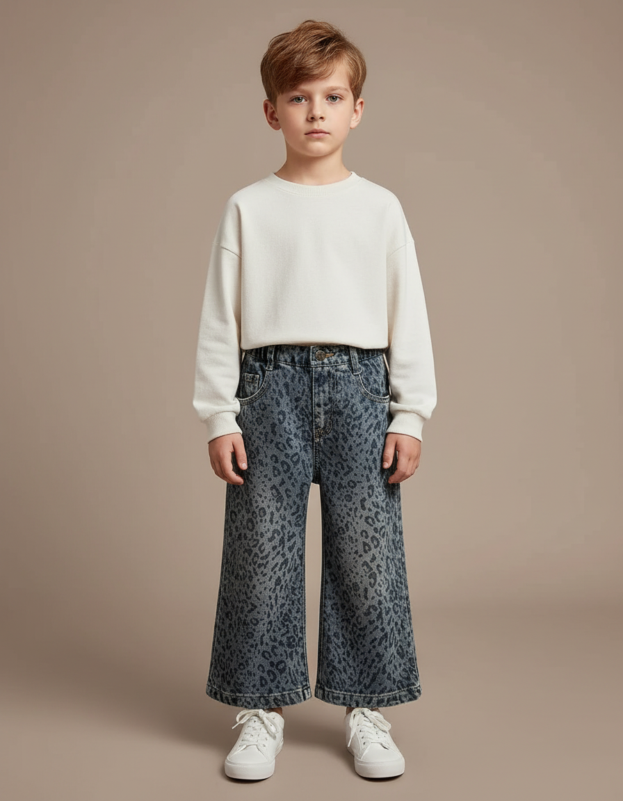 Pantalon Léopard Denim Ample Délavé Enfant - Imprimé Jean
