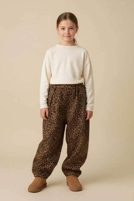 Pantalon Léopard Harem Marron Imprimé Molletonné Enfant