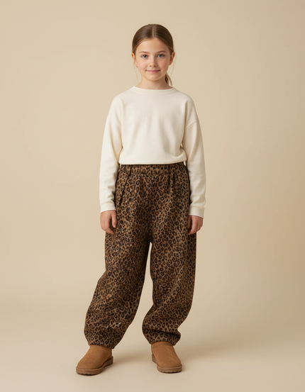 Pantalon Léopard Harem Marron Imprimé Molletonné Enfant