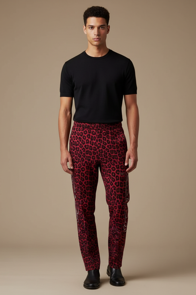 Pantalon Léopard Rouge Slim Imprimé Homme Chaînes - Maille