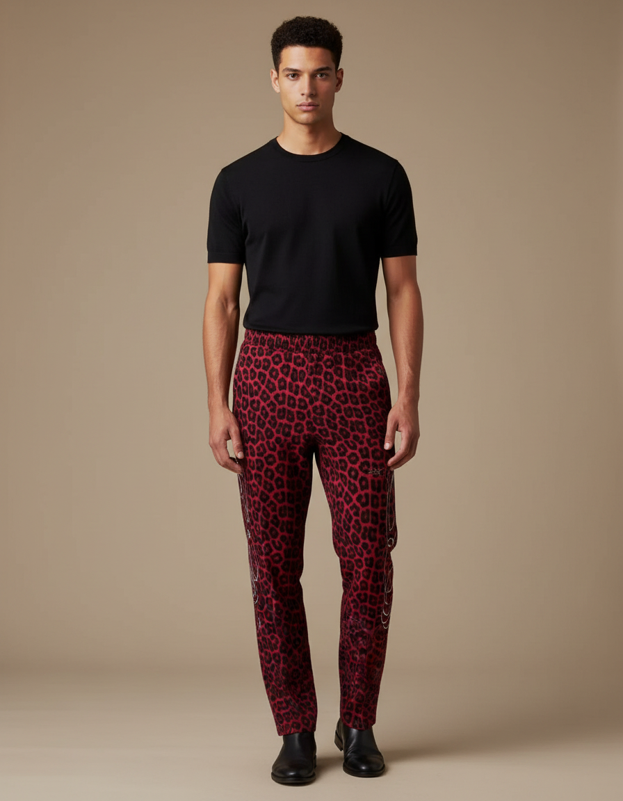 Pantalon Léopard Rouge Slim Imprimé Homme Chaînes - Maille