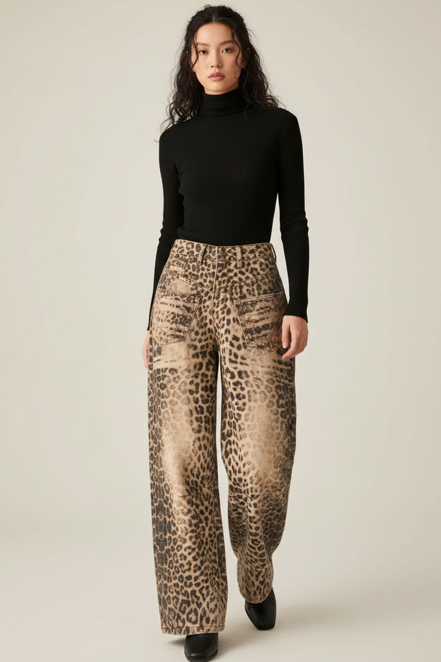 Pantalon Léopard Ample Imprimé Lavé Streetwear - Jean