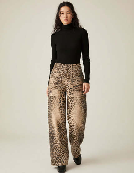 Pantalon Léopard Ample Imprimé Lavé Streetwear - Jean