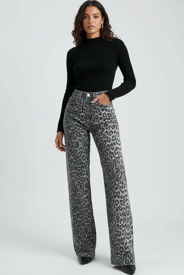 Pantalon Léopard Gris Taille Haute Large Droit - Jean