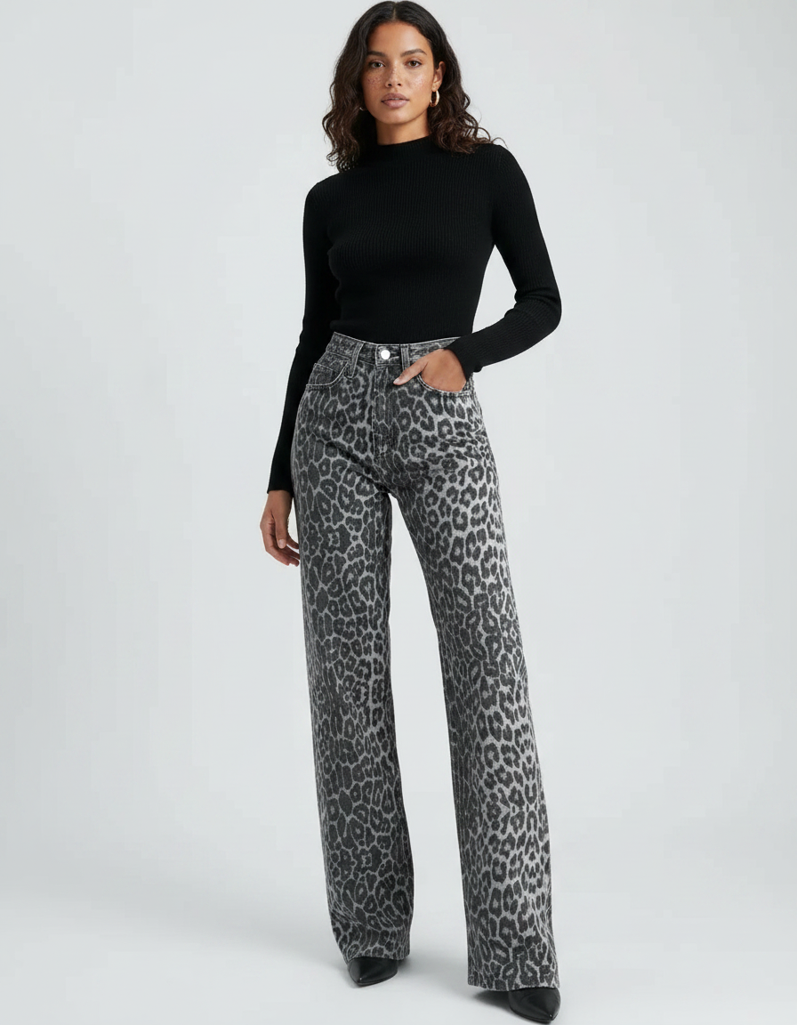 Pantalon Léopard Gris Taille Haute Large Droit - Jean